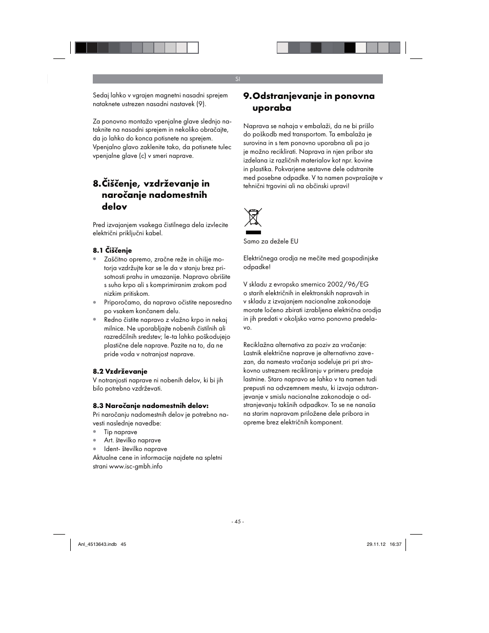 Odstranjevanje in ponovna uporaba | Parkside PABSW 10.8 A1 User Manual | Page 45 / 110