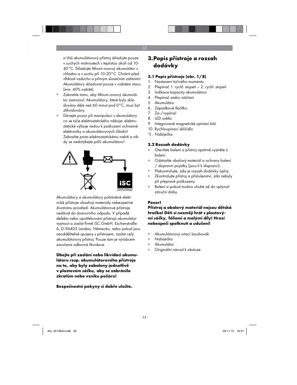 Popis přístroje a rozsah dodávky | Parkside PABSW 10.8 A1 User Manual | Page 55 / 110