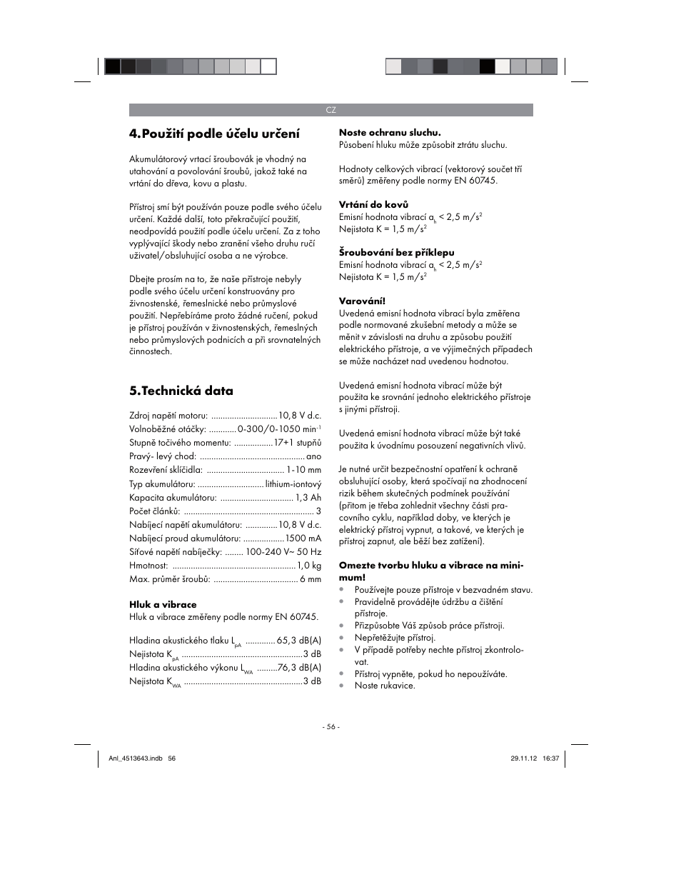 Použití podle účelu určení, Technická data | Parkside PABSW 10.8 A1 User Manual | Page 56 / 110
