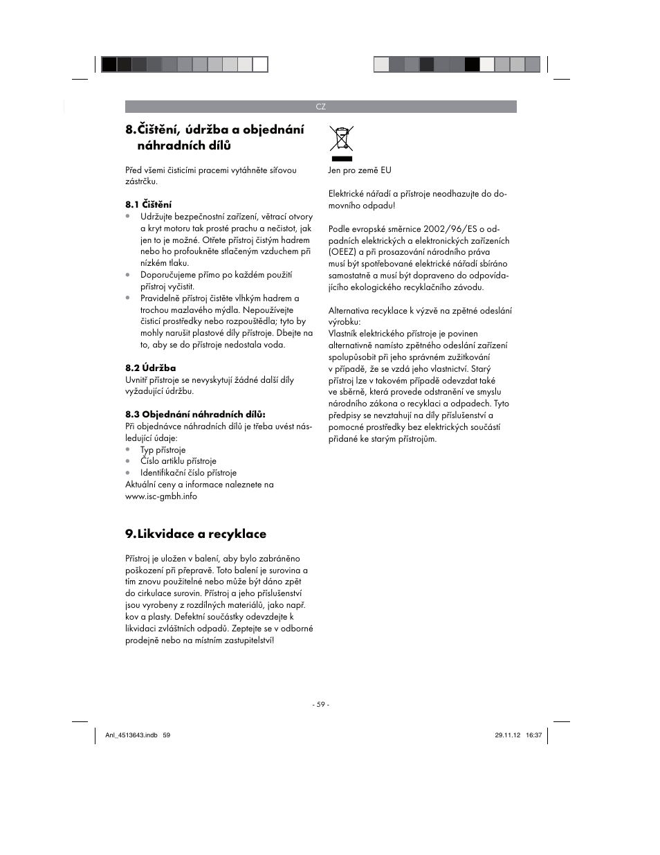 Čištění, údržba a objednání náhradních dílů, Likvidace a recyklace | Parkside PABSW 10.8 A1 User Manual | Page 59 / 110