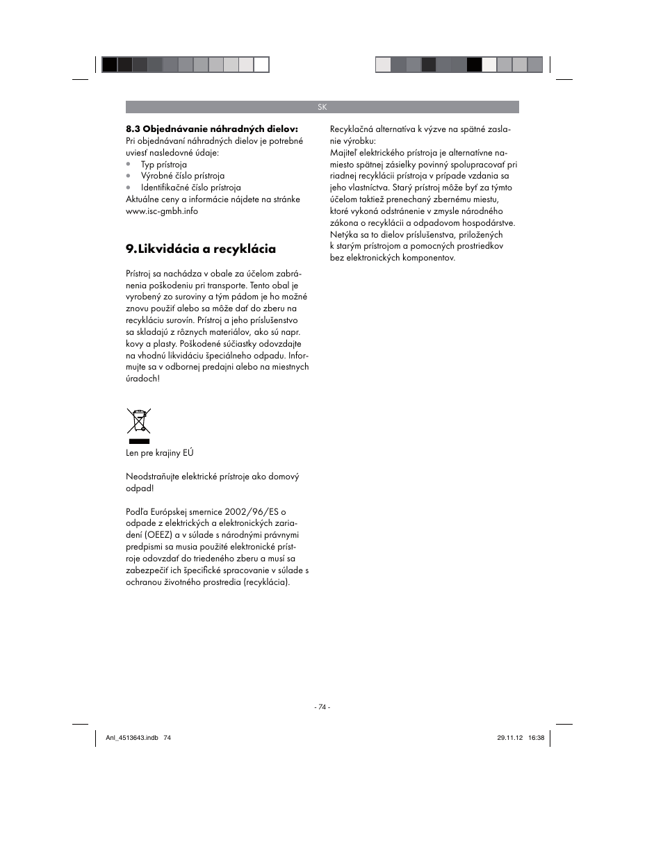 Likvidácia a recyklácia | Parkside PABSW 10.8 A1 User Manual | Page 74 / 110