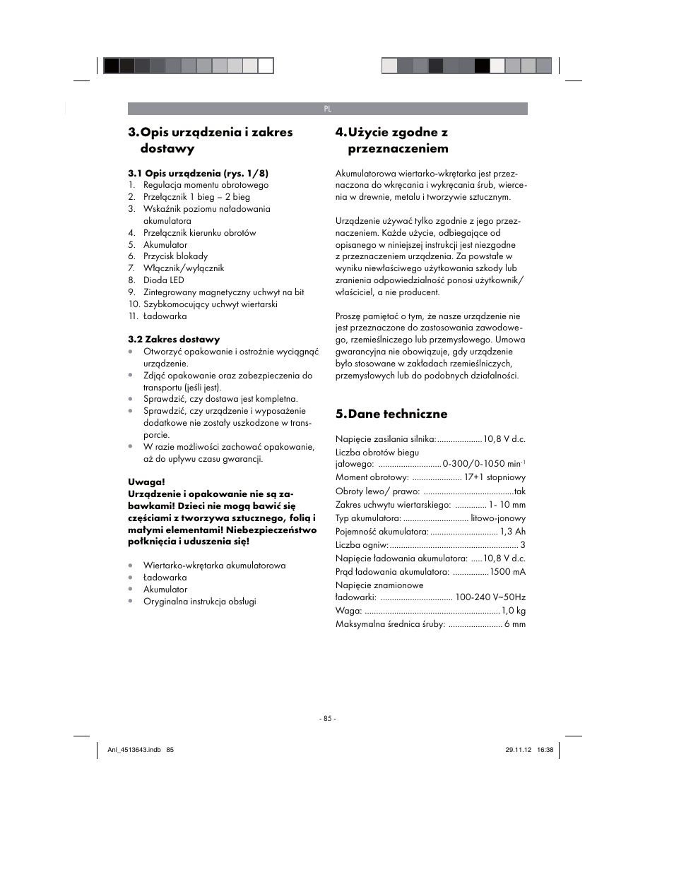 Opis urządzenia i zakres dostawy, Użycie zgodne z przeznaczeniem, Dane techniczne | Parkside PABSW 10.8 A1 User Manual | Page 85 / 110