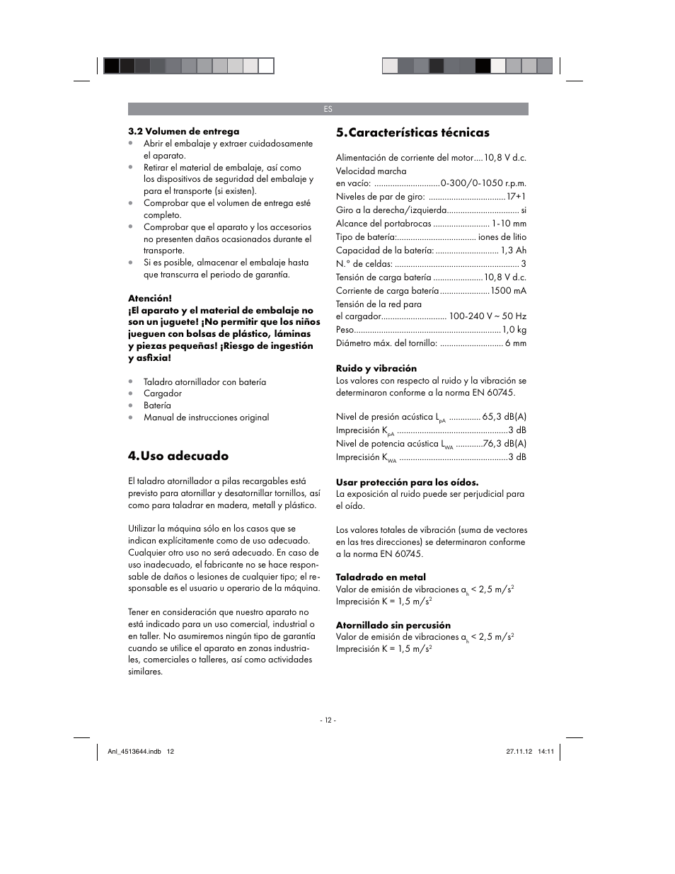 Uso adecuado, Características técnicas | Parkside PABSW 10.8 A1 User Manual | Page 12 / 82