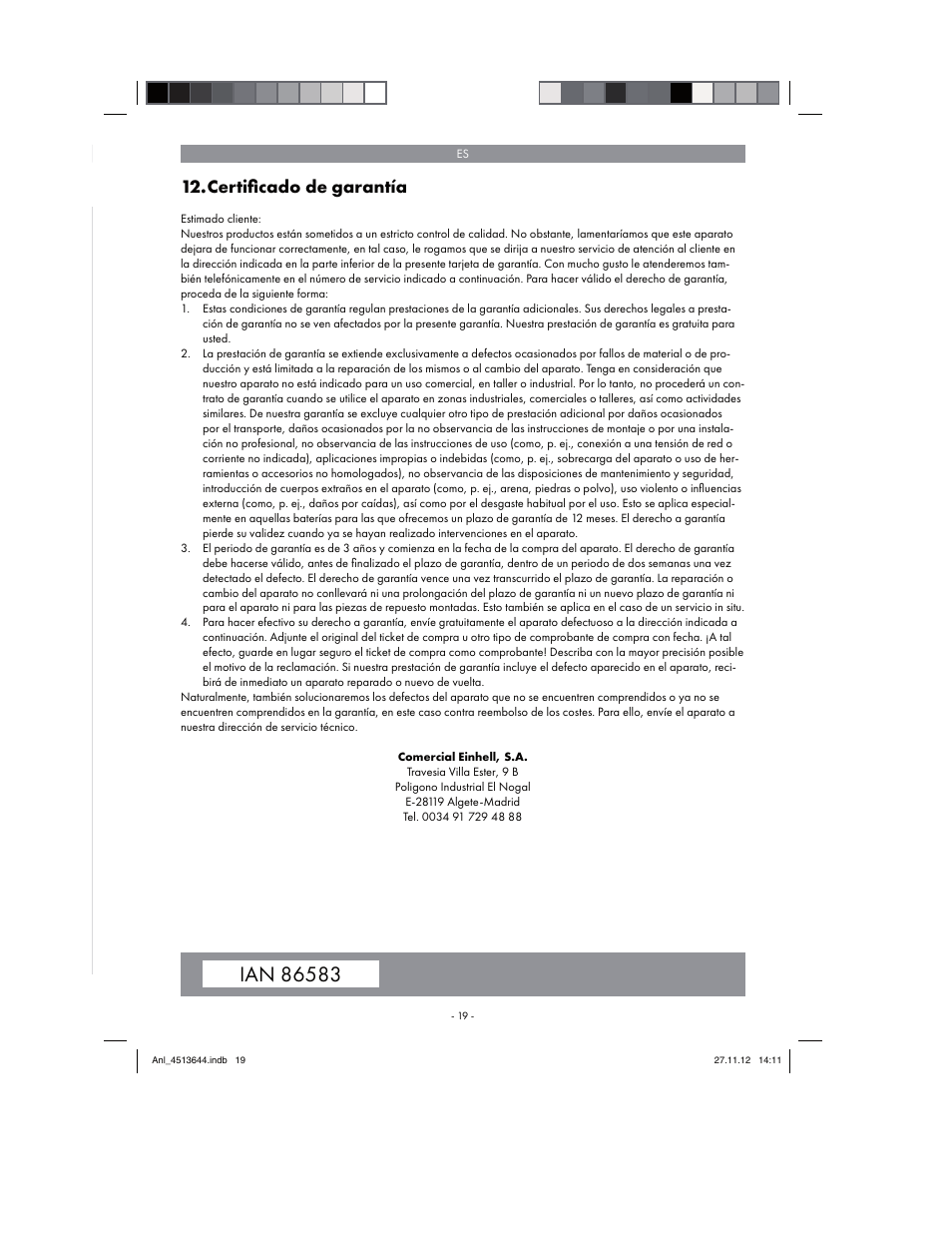 Certiﬁ cado de garantía | Parkside PABSW 10.8 A1 User Manual | Page 19 / 82
