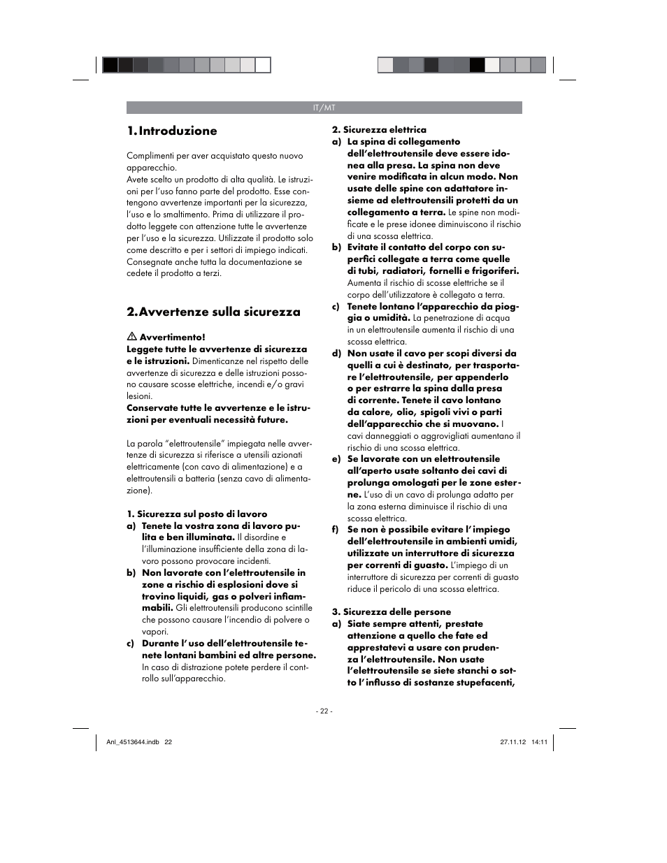 Introduzione, Avvertenze sulla sicurezza | Parkside PABSW 10.8 A1 User Manual | Page 22 / 82