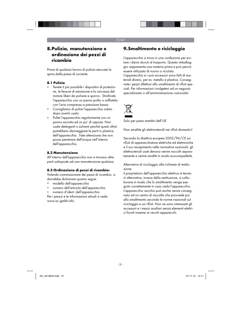 Smaltimento e riciclaggio | Parkside PABSW 10.8 A1 User Manual | Page 31 / 82