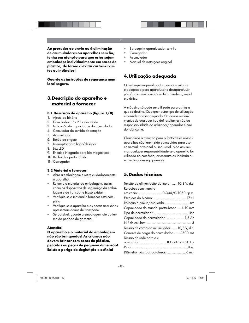 Descrição do aparelho e material a fornecer, Utilização adequada, Dados técnicos | Parkside PABSW 10.8 A1 User Manual | Page 42 / 82