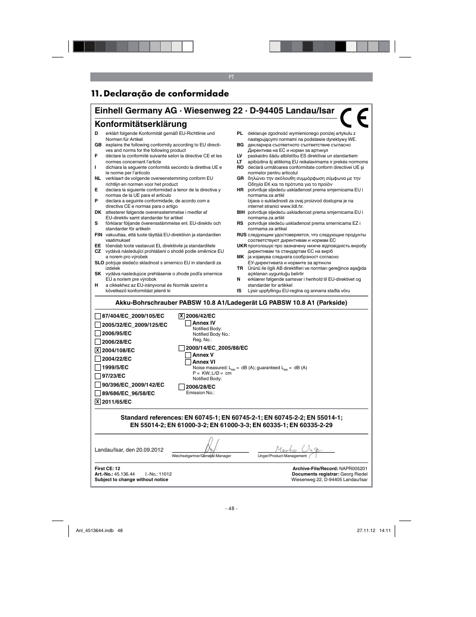 Declaração de conformidade, Konformitätserklärung | Parkside PABSW 10.8 A1 User Manual | Page 48 / 82