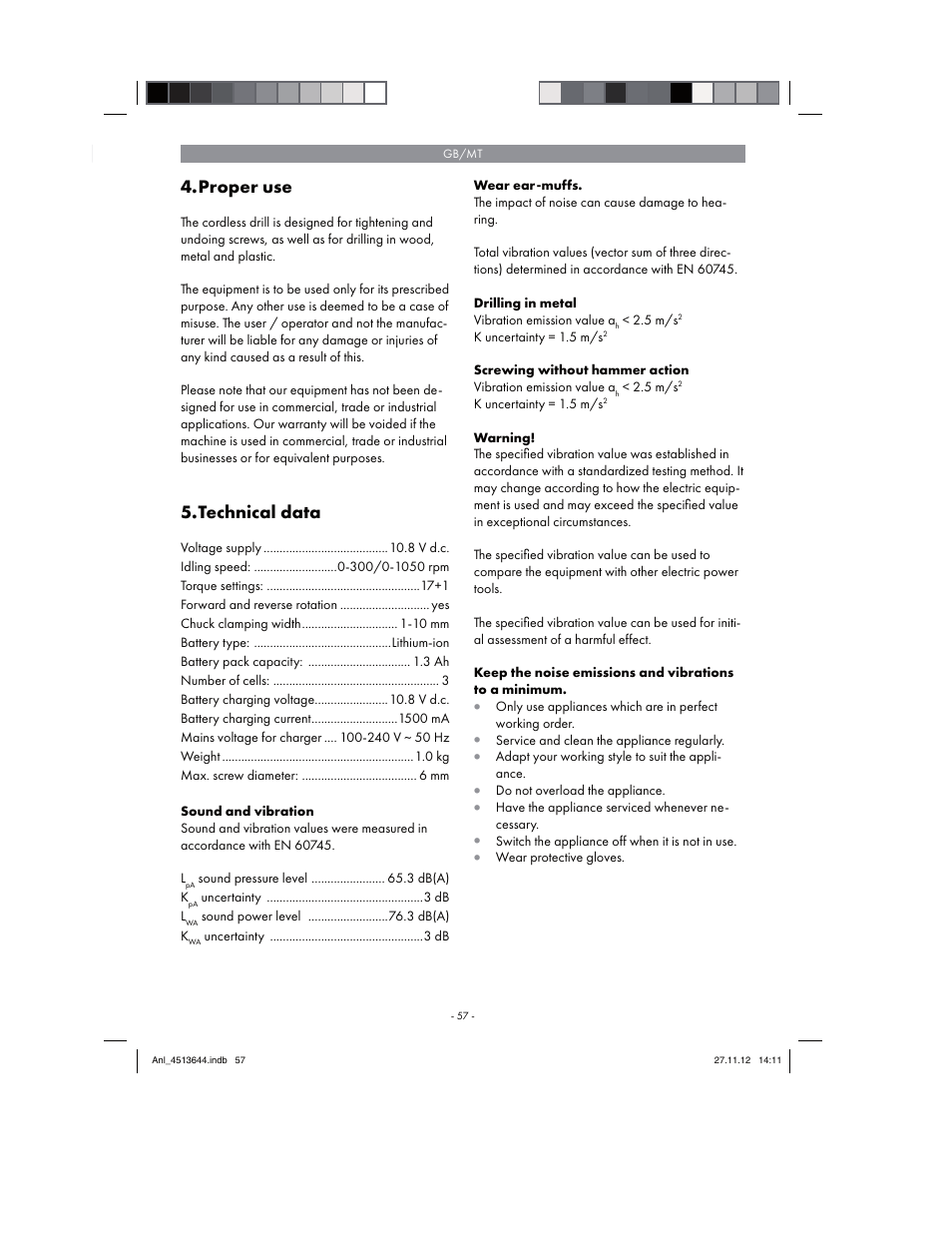 Proper use, Technical data | Parkside PABSW 10.8 A1 User Manual | Page 57 / 82
