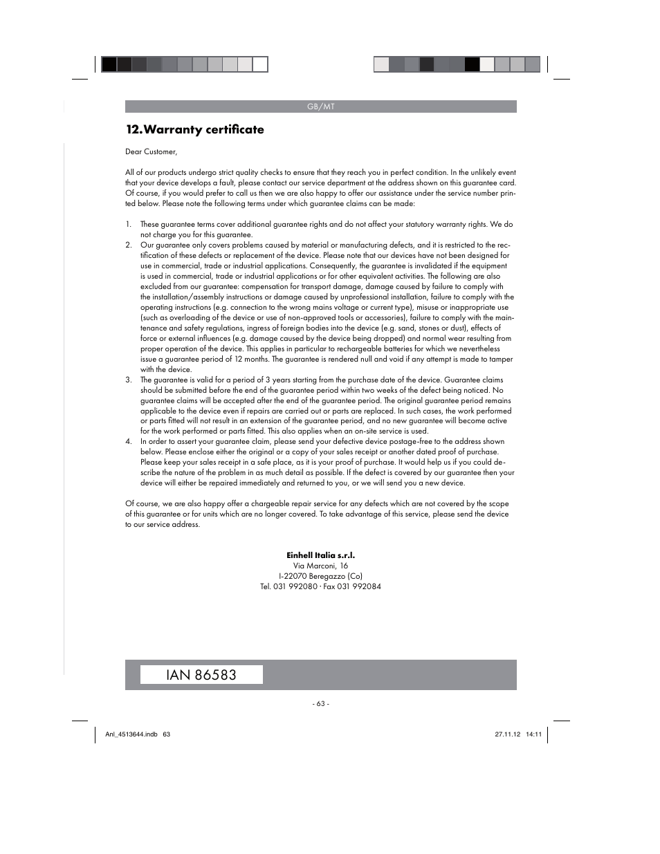 Warranty certiﬁ cate | Parkside PABSW 10.8 A1 User Manual | Page 63 / 82