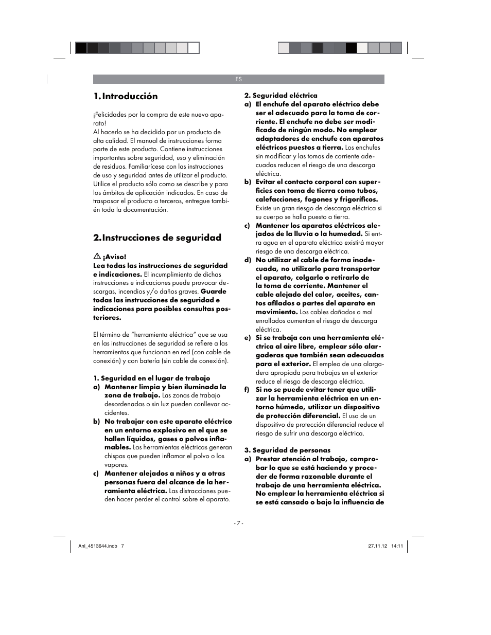 Introducción, Instrucciones de seguridad | Parkside PABSW 10.8 A1 User Manual | Page 7 / 82