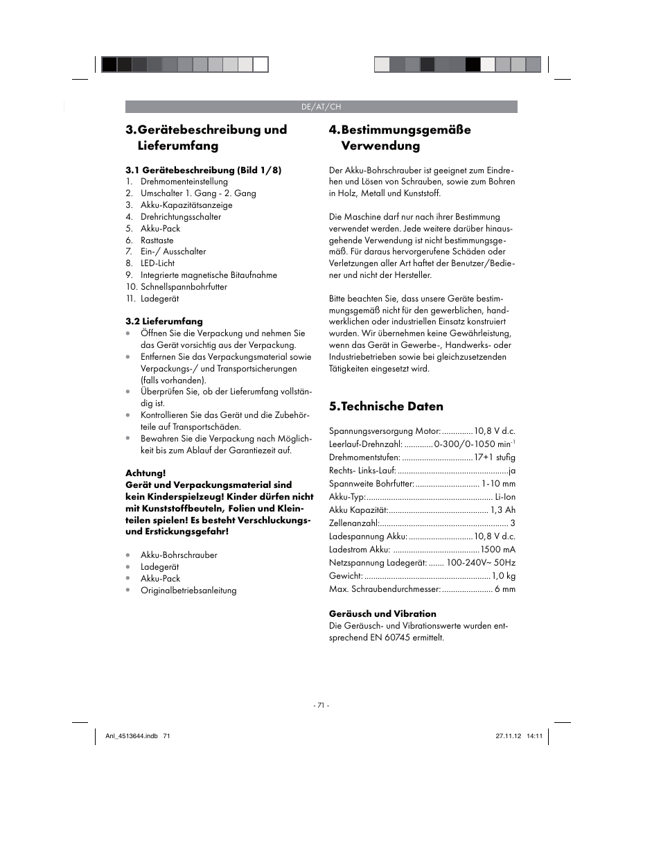 Gerätebeschreibung und lieferumfang, Bestimmungsgemäße verwendung, Technische daten | Parkside PABSW 10.8 A1 User Manual | Page 71 / 82