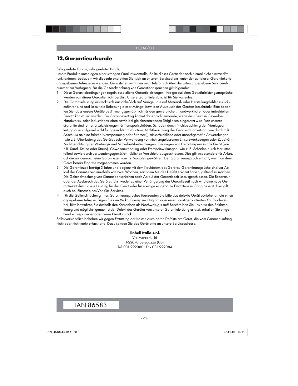 Garantieurkunde | Parkside PABSW 10.8 A1 User Manual | Page 78 / 82