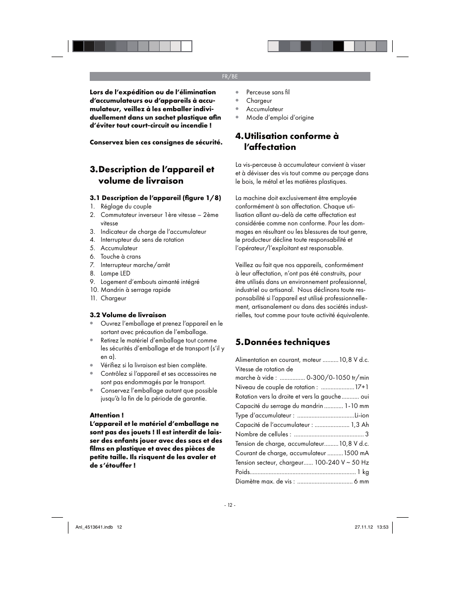 Description de l’appareil et volume de livraison, Utilisation conforme à l’affectation, Données techniques | Parkside PABSW 10.8 A1 User Manual | Page 12 / 66