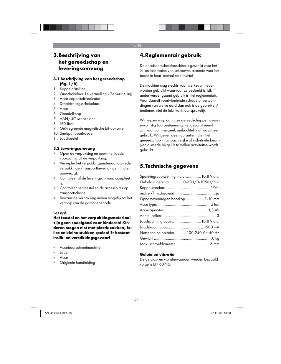 Reglementair gebruik, Technische gegevens | Parkside PABSW 10.8 A1 User Manual | Page 27 / 66