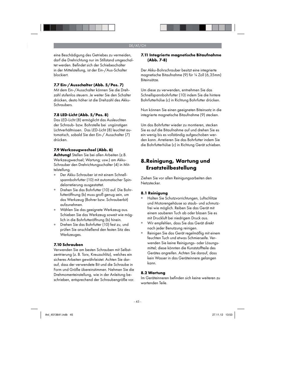 Reinigung, wartung und ersatzteilbestellung | Parkside PABSW 10.8 A1 User Manual | Page 45 / 66