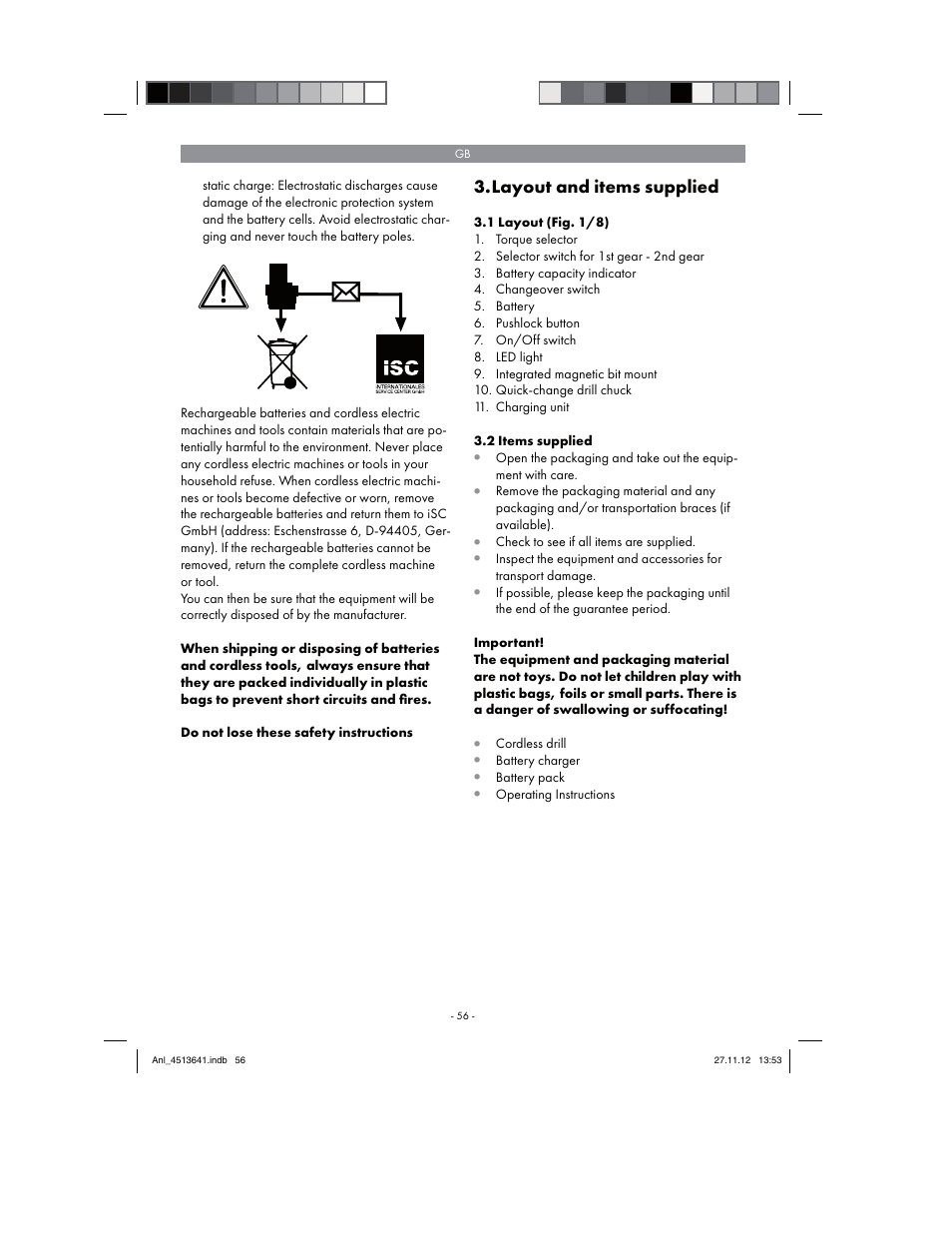 Layout and items supplied | Parkside PABSW 10.8 A1 User Manual | Page 56 / 66
