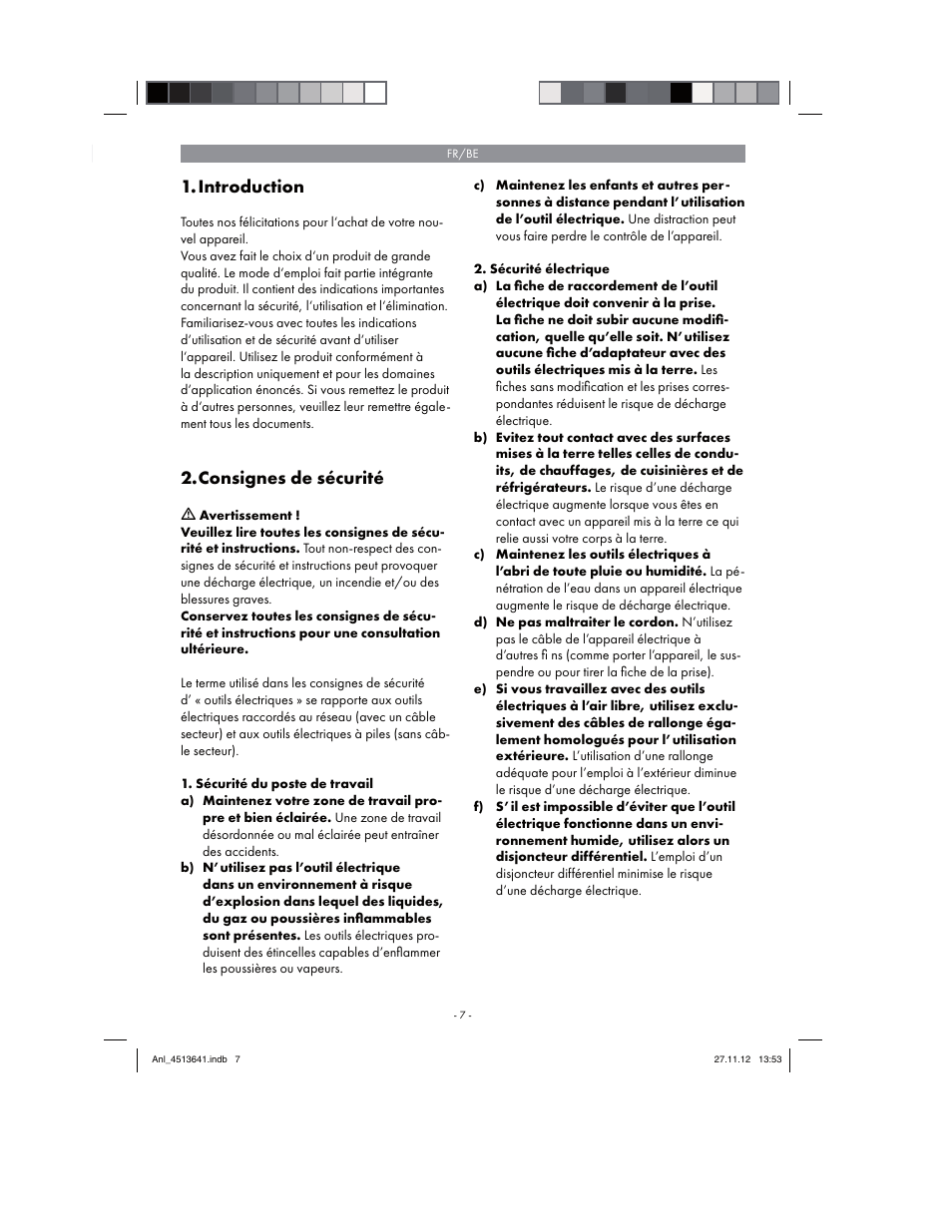 Introduction, Consignes de sécurité | Parkside PABSW 10.8 A1 User Manual | Page 7 / 66