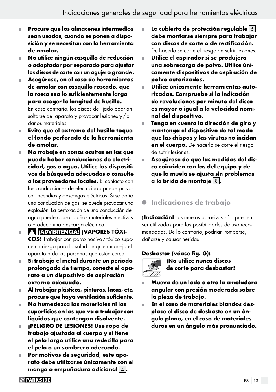 Indicaciones de trabajo | Parkside PWS 125 A1 User Manual | Page 13 / 82