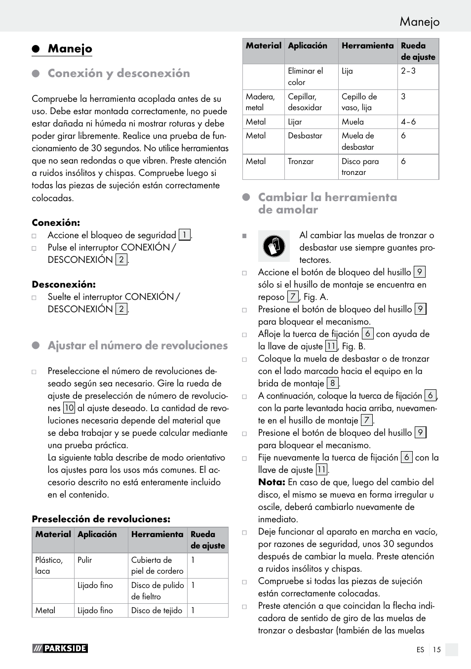 Manejo, Conexión y desconexión, Ajustar el número de revoluciones | Cambiar la herramienta de amolar | Parkside PWS 125 A1 User Manual | Page 15 / 82