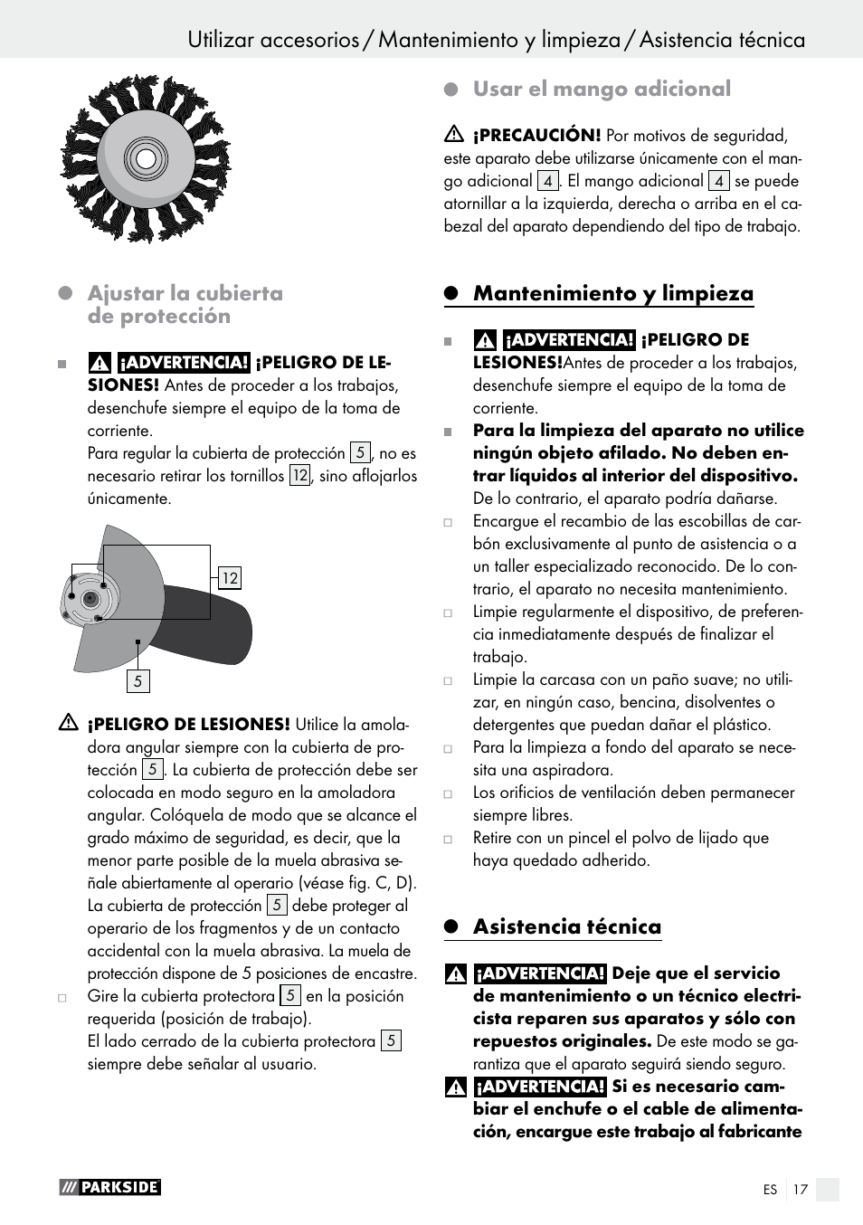 Ajustar la cubierta de protección, Usar el mango adicional, Mantenimiento y limpieza | Asistencia técnica | Parkside PWS 125 A1 User Manual | Page 17 / 82