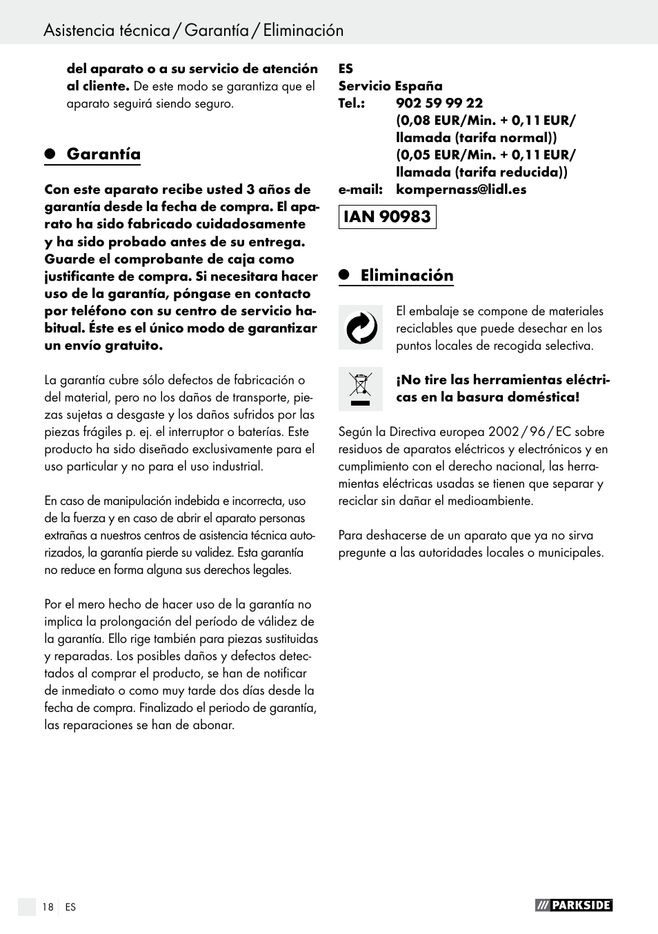 Garantía, Eliminación | Parkside PWS 125 A1 User Manual | Page 18 / 82