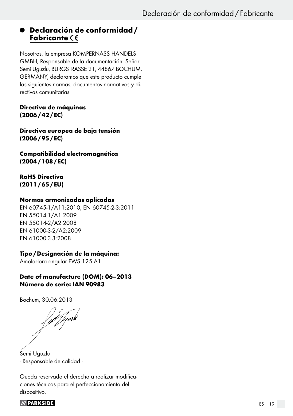 Declaración de conformidad / fabricante, Asistencia técnica / garantía / eliminación | Parkside PWS 125 A1 User Manual | Page 19 / 82