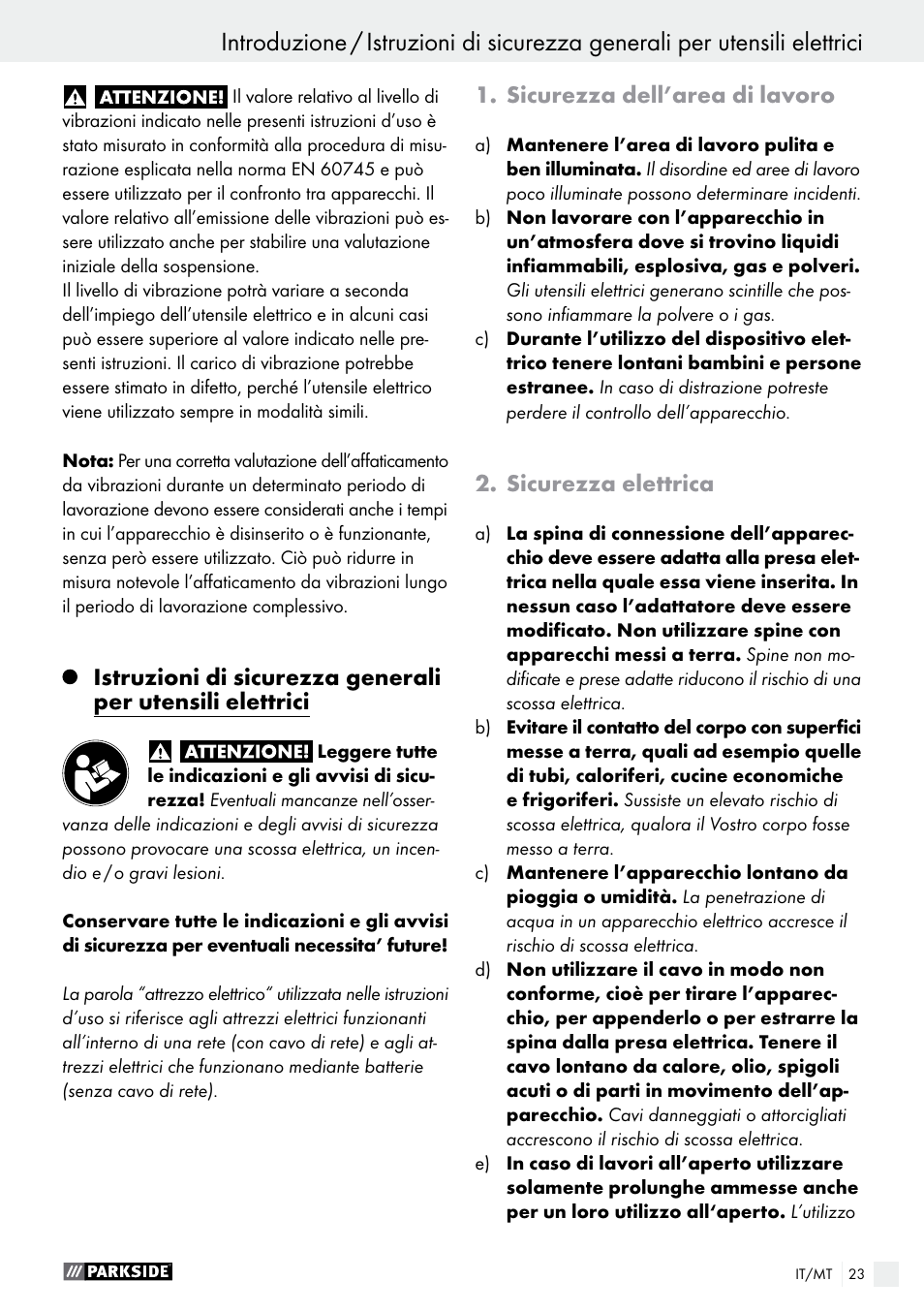 Sicurezza dell’area di lavoro, Sicurezza elettrica | Parkside PWS 125 A1 User Manual | Page 23 / 82