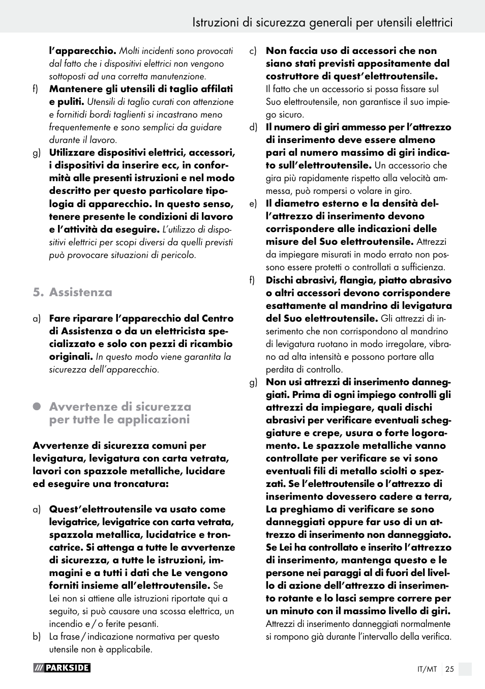 Assistenza, Avvertenze di sicurezza per tutte le applicazioni | Parkside PWS 125 A1 User Manual | Page 25 / 82