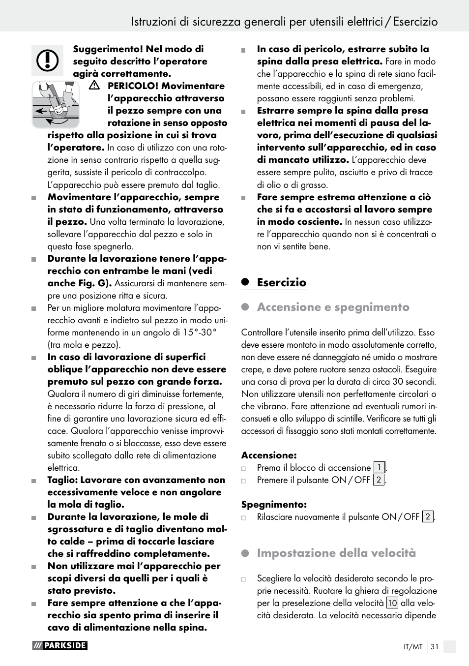 Esercizio, Accensione e spegnimento, Impostazione della velocità | Parkside PWS 125 A1 User Manual | Page 31 / 82