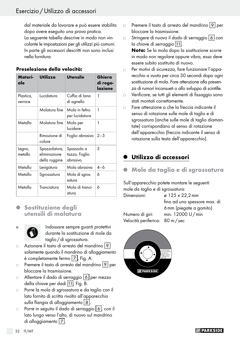 Sostituzione degli utensili di molatura, Utilizzo di accessori, Mole da taglio e di sgrossatura | Parkside PWS 125 A1 User Manual | Page 32 / 82