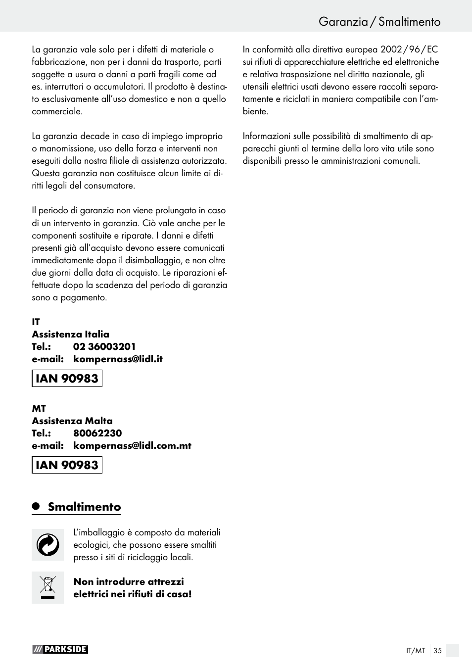 Smaltimento | Parkside PWS 125 A1 User Manual | Page 35 / 82