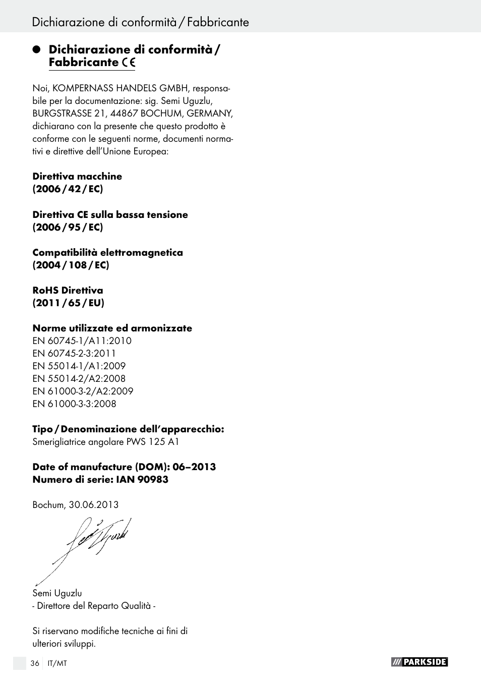 Índice dichiarazione di conformità / fabbricante | Parkside PWS 125 A1 User Manual | Page 36 / 82