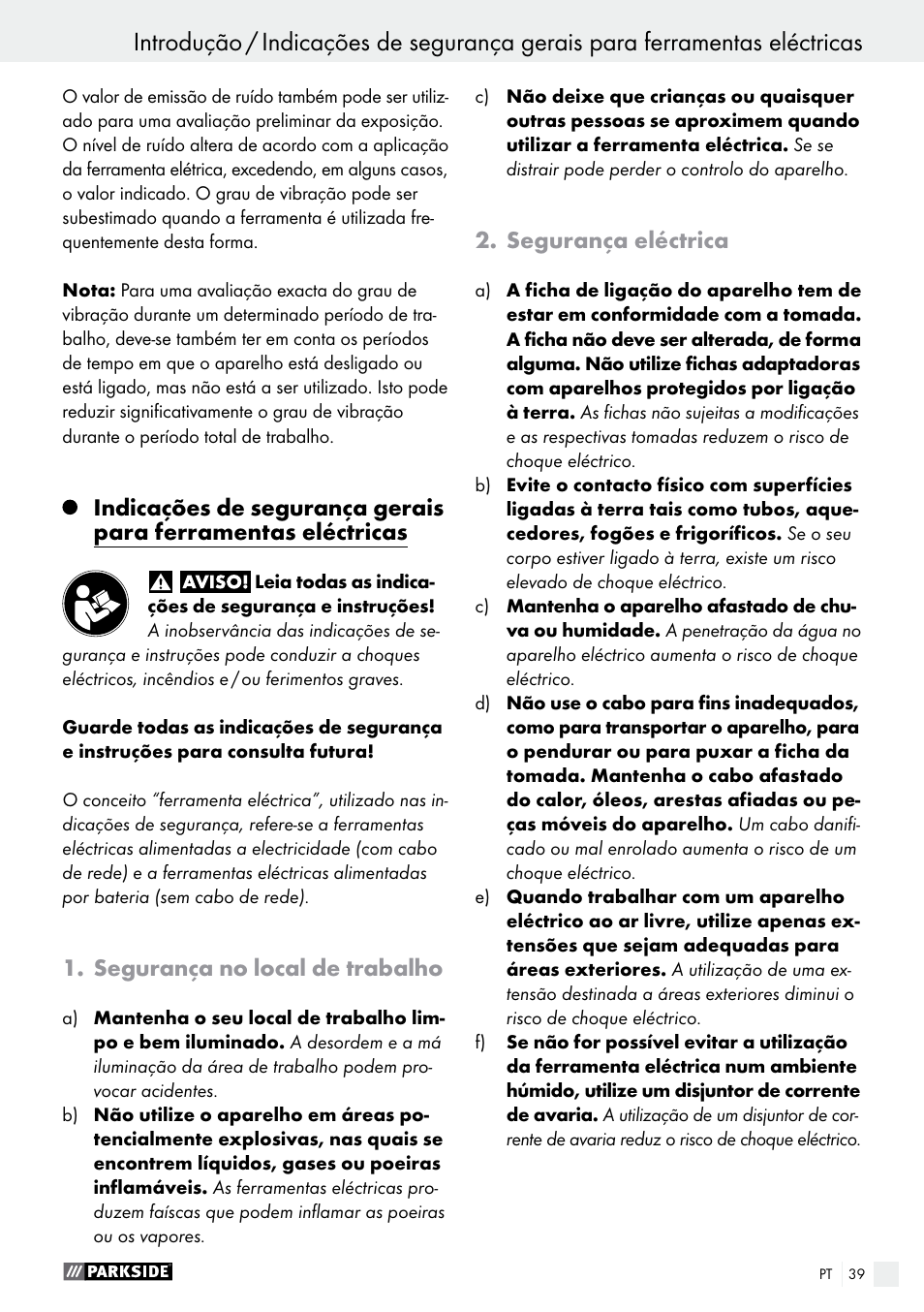 Segurança no local de trabalho, Segurança eléctrica | Parkside PWS 125 A1 User Manual | Page 39 / 82