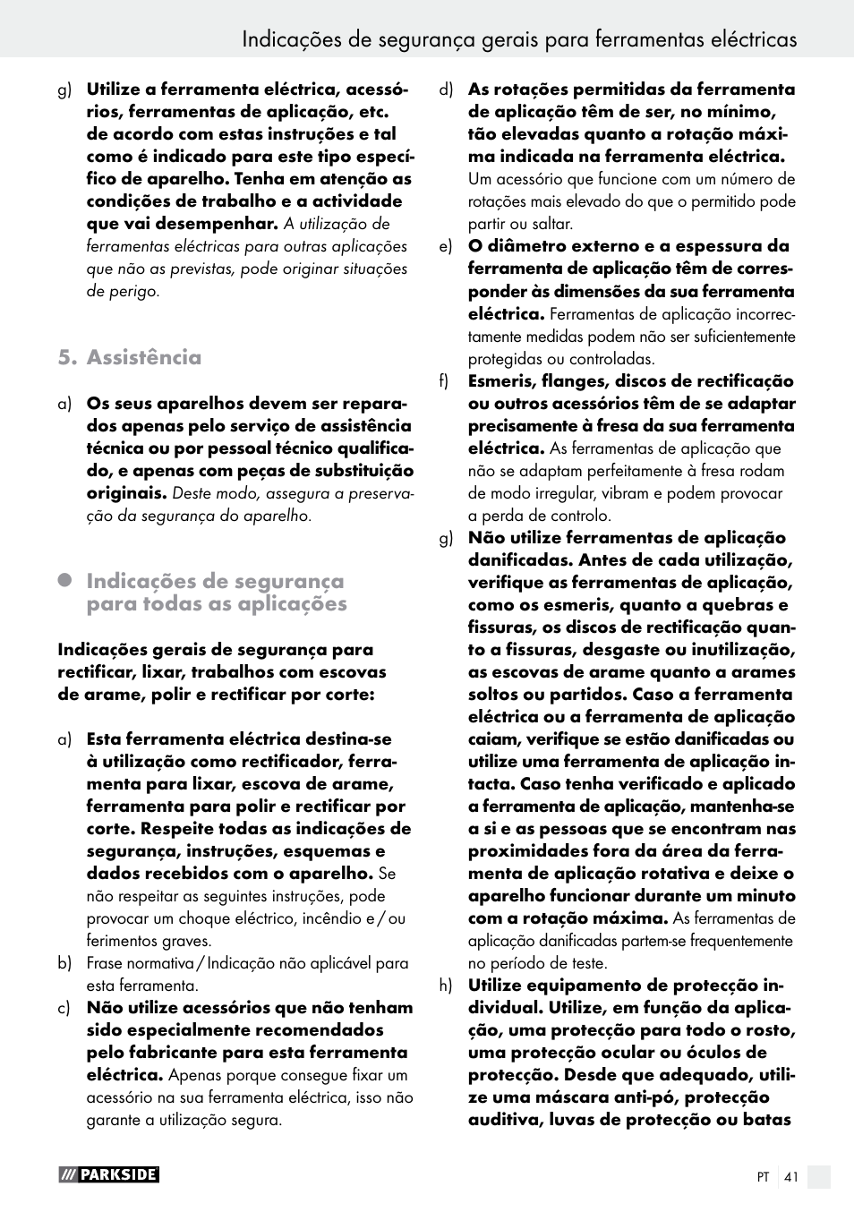 Assistência, Indicações de segurança para todas as aplicações | Parkside PWS 125 A1 User Manual | Page 41 / 82
