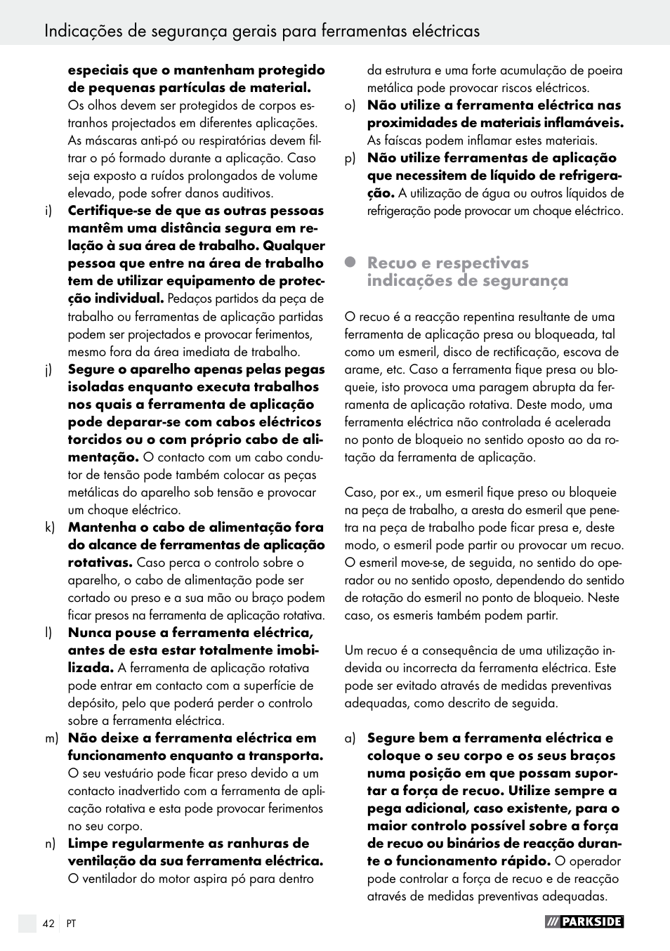 Recuo e respectivas indicações de segurança | Parkside PWS 125 A1 User Manual | Page 42 / 82