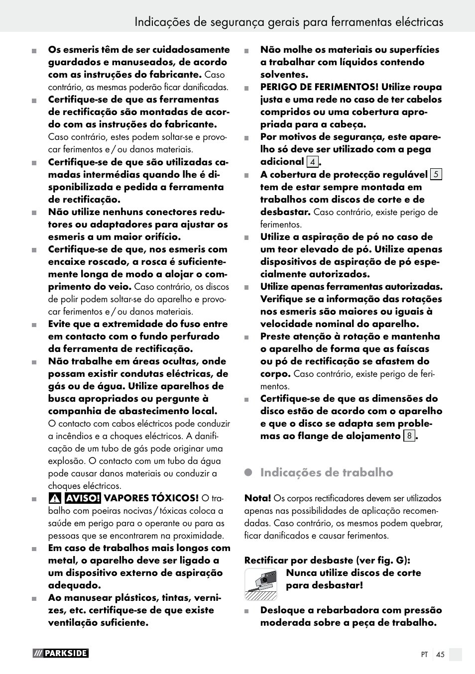 Indicações de trabalho | Parkside PWS 125 A1 User Manual | Page 45 / 82