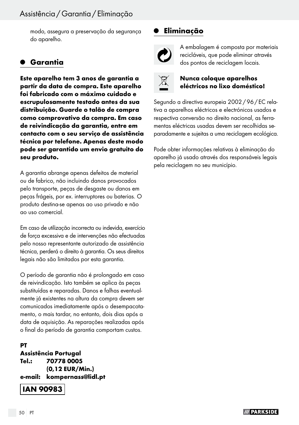 Garantia, Eliminação | Parkside PWS 125 A1 User Manual | Page 50 / 82