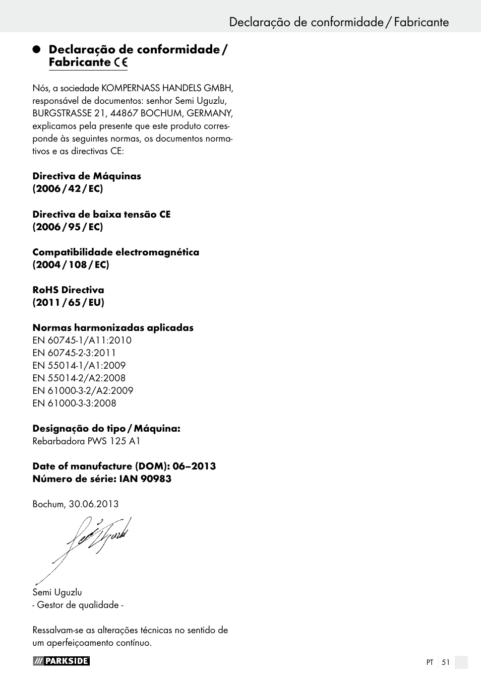 Declaração de conformidade / fabricante, Assistência / garantia / eliminação | Parkside PWS 125 A1 User Manual | Page 51 / 82