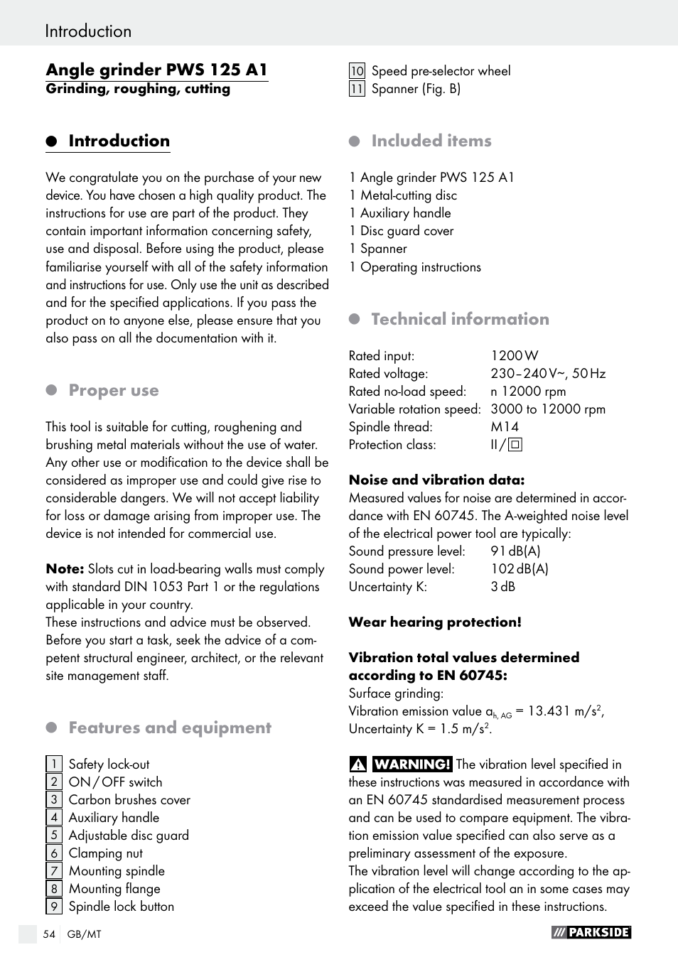 Angle grinder pws 125 a1, Introduction, Proper use | Features and equipment, Included items, Technical information | Parkside PWS 125 A1 User Manual | Page 54 / 82