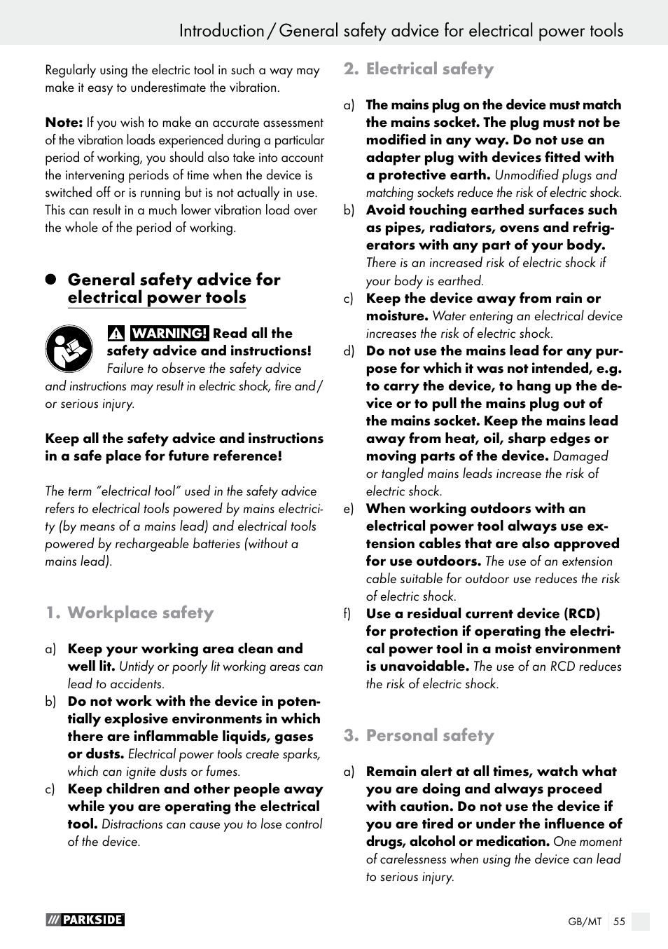General safety advice for electrical power tools, Workplace safety, Electrical safety | Personal safety | Parkside PWS 125 A1 User Manual | Page 55 / 82