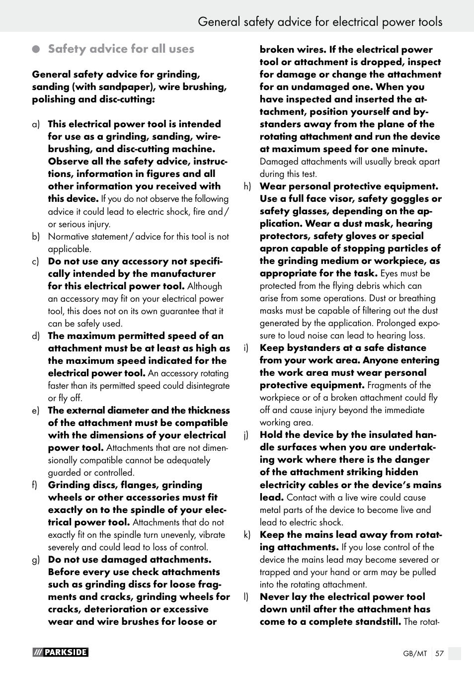 General safety advice for electrical power tools, Safety advice for all uses | Parkside PWS 125 A1 User Manual | Page 57 / 82