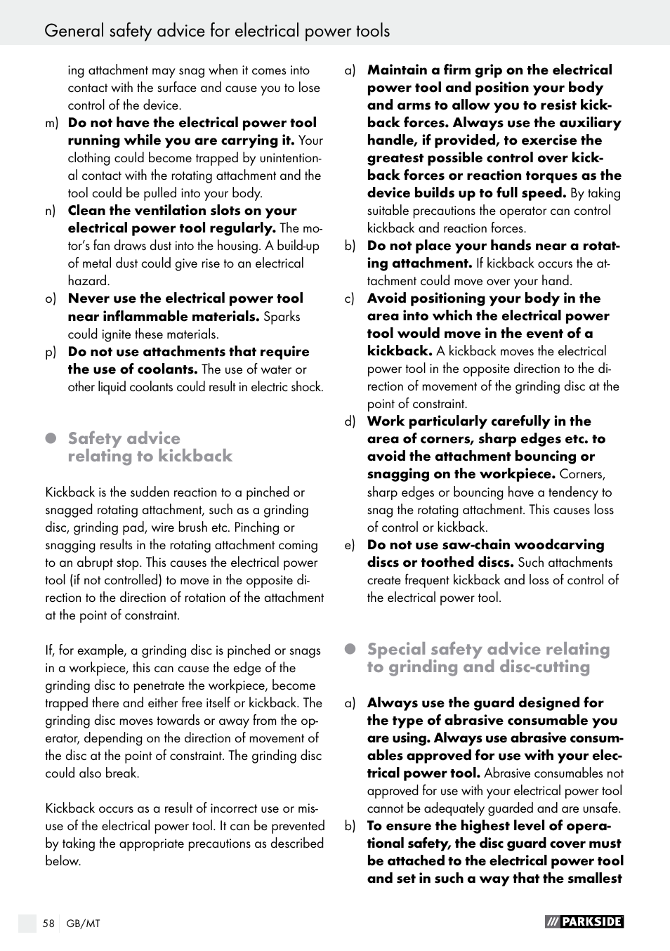 General safety advice for electrical power tools | Parkside PWS 125 A1 User Manual | Page 58 / 82