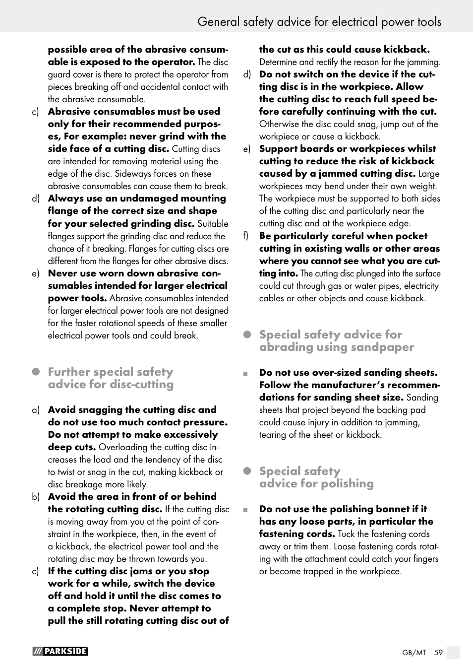 General safety advice for electrical power tools | Parkside PWS 125 A1 User Manual | Page 59 / 82