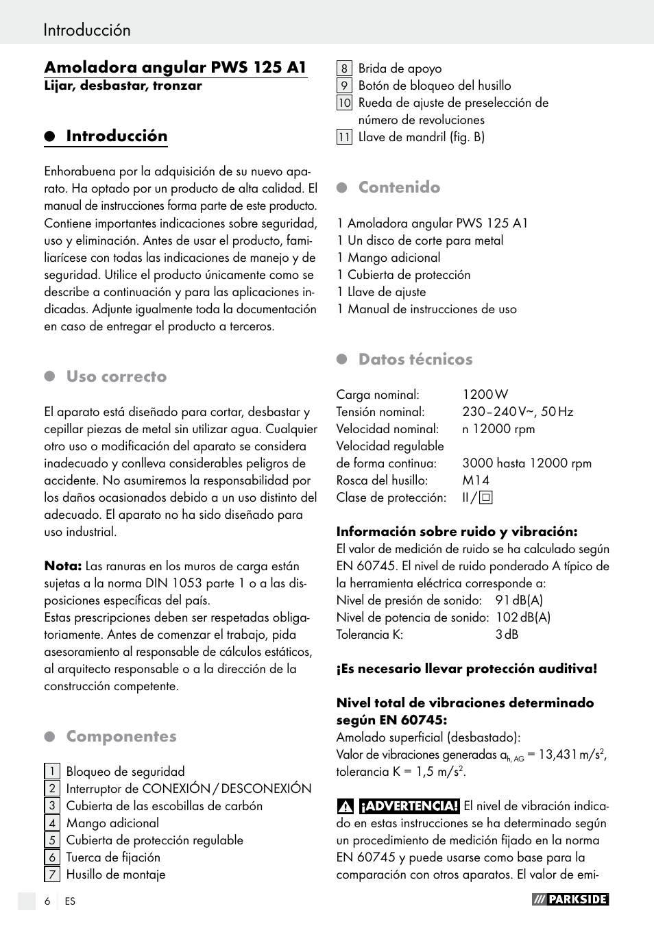 Parkside PWS 125 A1 User Manual | Page 6 / 82