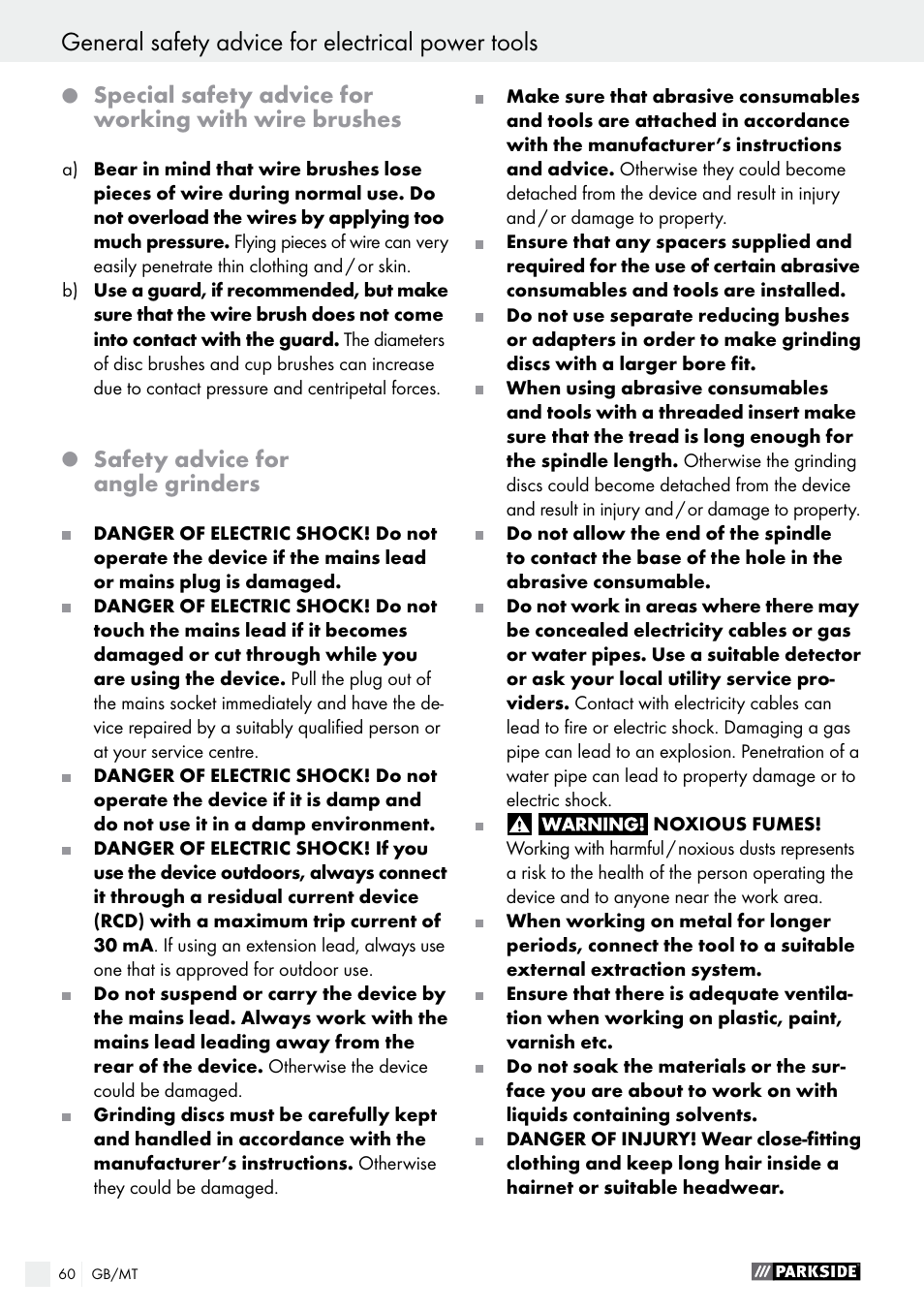 General safety advice for electrical power tools, Safety advice for angle grinders | Parkside PWS 125 A1 User Manual | Page 60 / 82