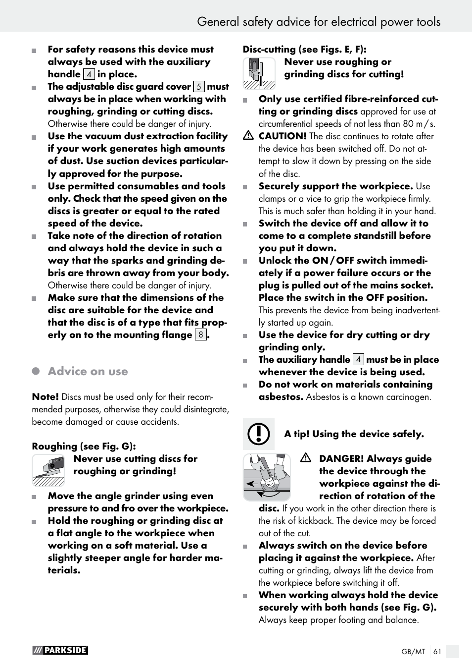 General safety advice for electrical power tools, Advice on use | Parkside PWS 125 A1 User Manual | Page 61 / 82