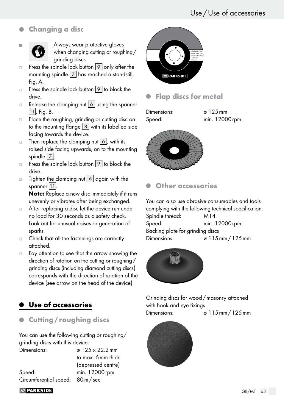 Changing a disc, Use of accessories, Cutting / roughing discs | Flap discs for metal, Other accessories | Parkside PWS 125 A1 User Manual | Page 63 / 82