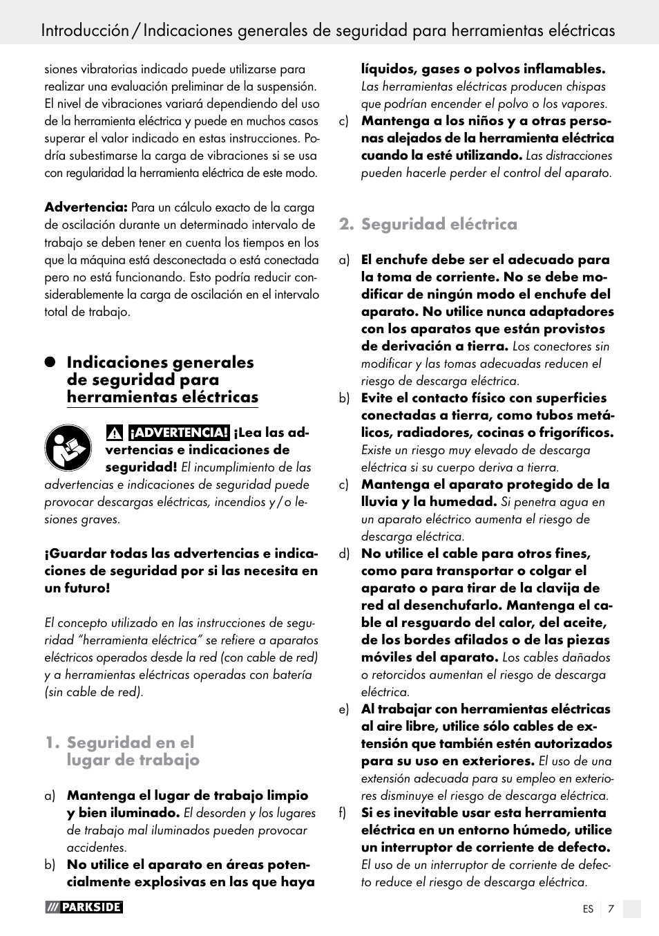 Seguridad en el lugar de trabajo, Seguridad eléctrica | Parkside PWS 125 A1 User Manual | Page 7 / 82