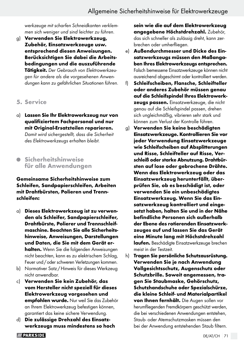 Service, Sicherheitshinweise für alle anwendungen | Parkside PWS 125 A1 User Manual | Page 71 / 82